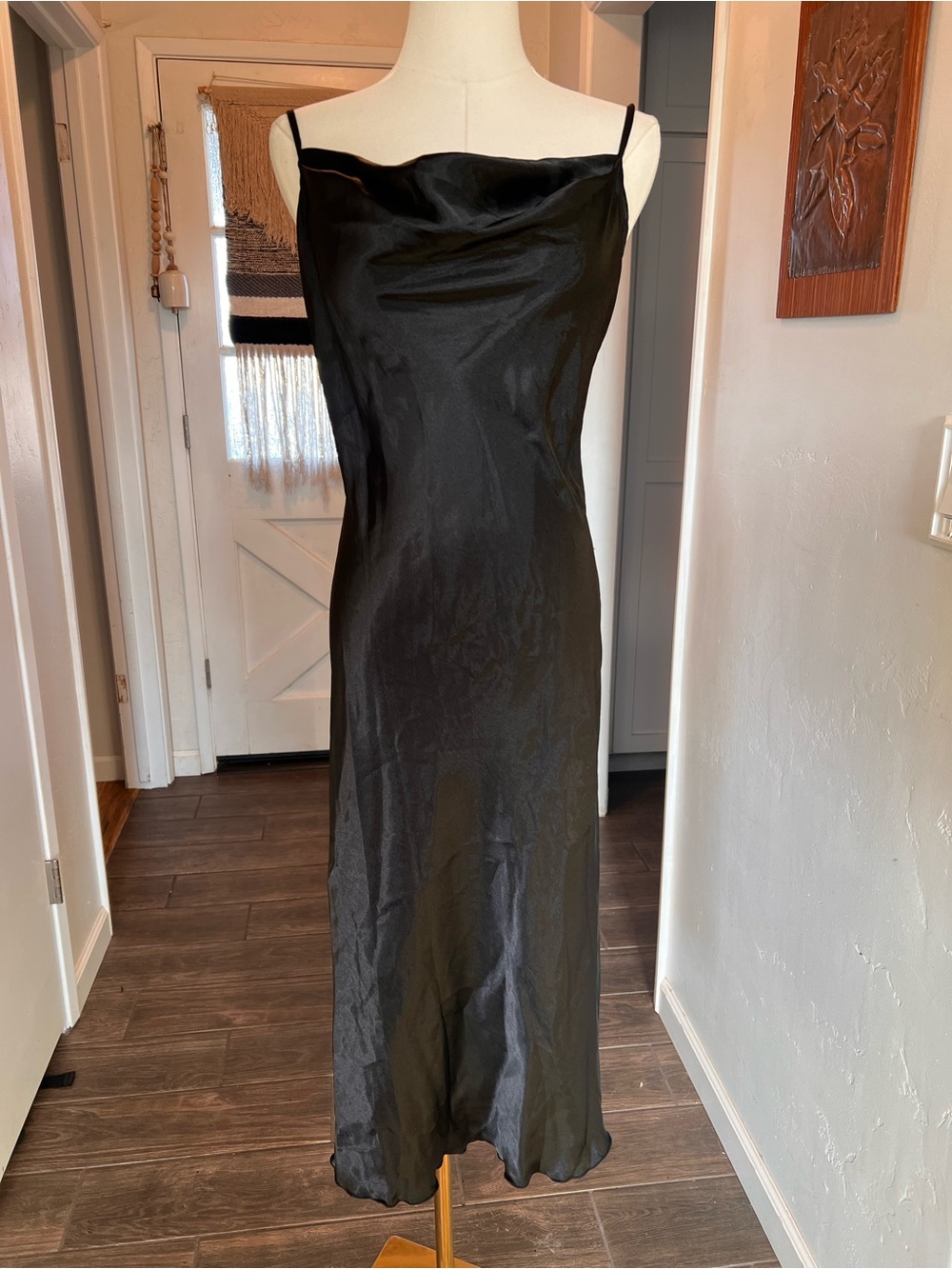 bebe Black Satin Slip Midi Dress with Cowl Neck